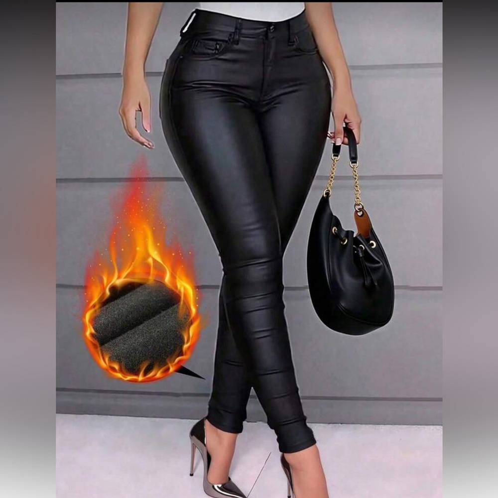 High-Waist Black Faux Leather Fleece Lined Skinny Leg Jegging style Pants XL